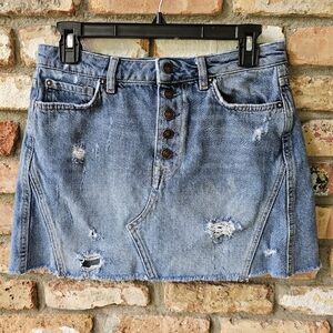 We the Free Denim Mini Skirt Distressed Button Fly